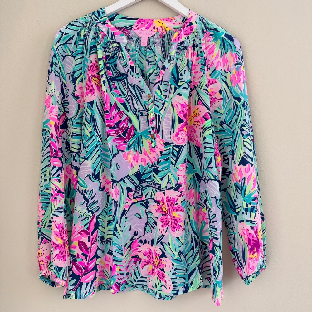 Lilly Pulitzer Elsa Silk Top in Slathouse Soree Tropical Blouse Size Small